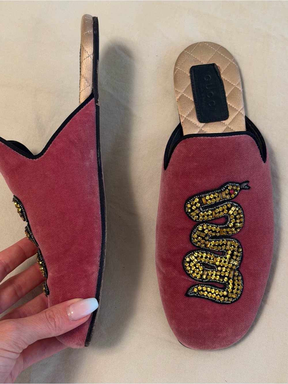 Gucci Rose Pink Velvet Beaded Snake Mules - Picture 3 of 6